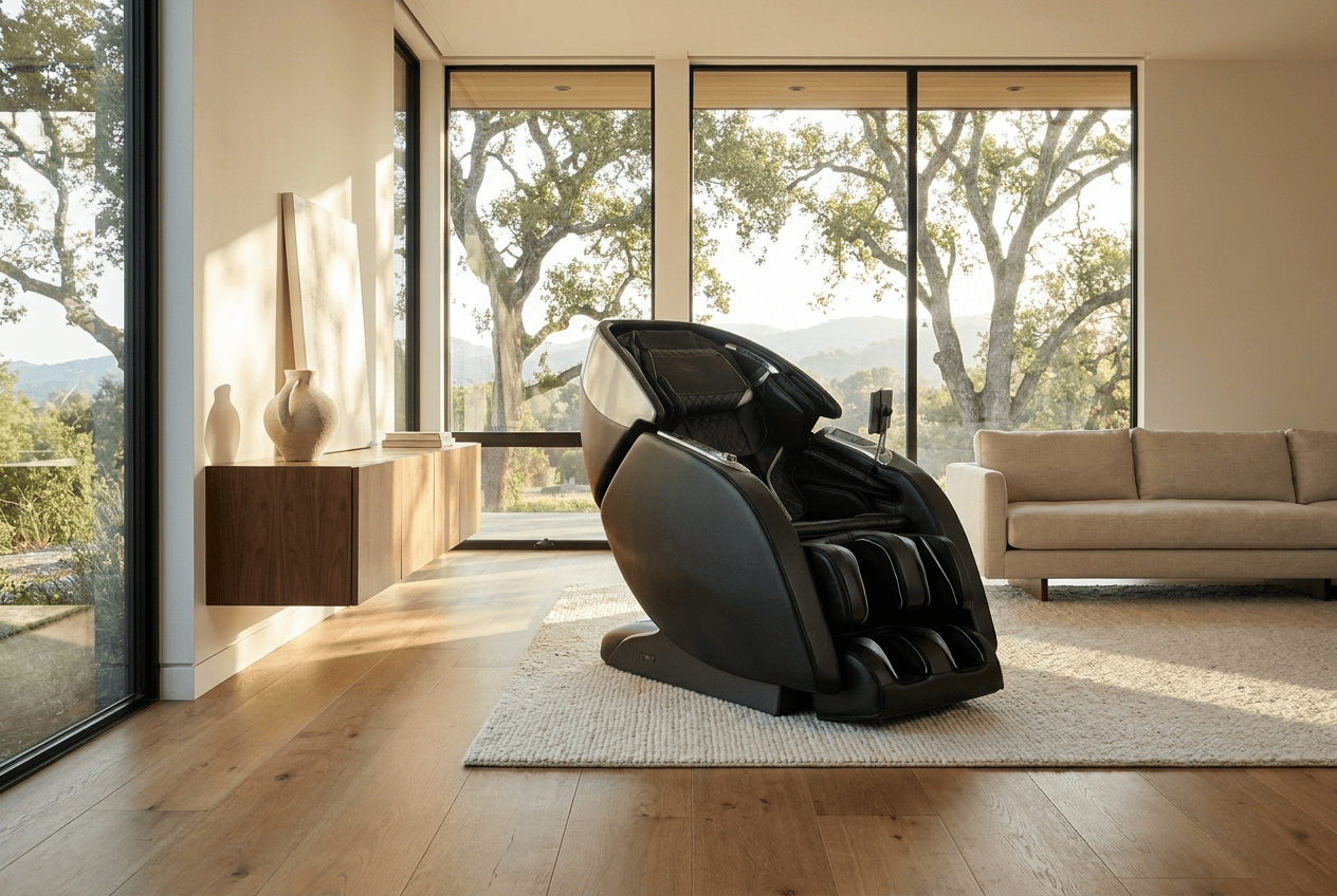 A premium massage chair in a sunlit Silicon Valley living room