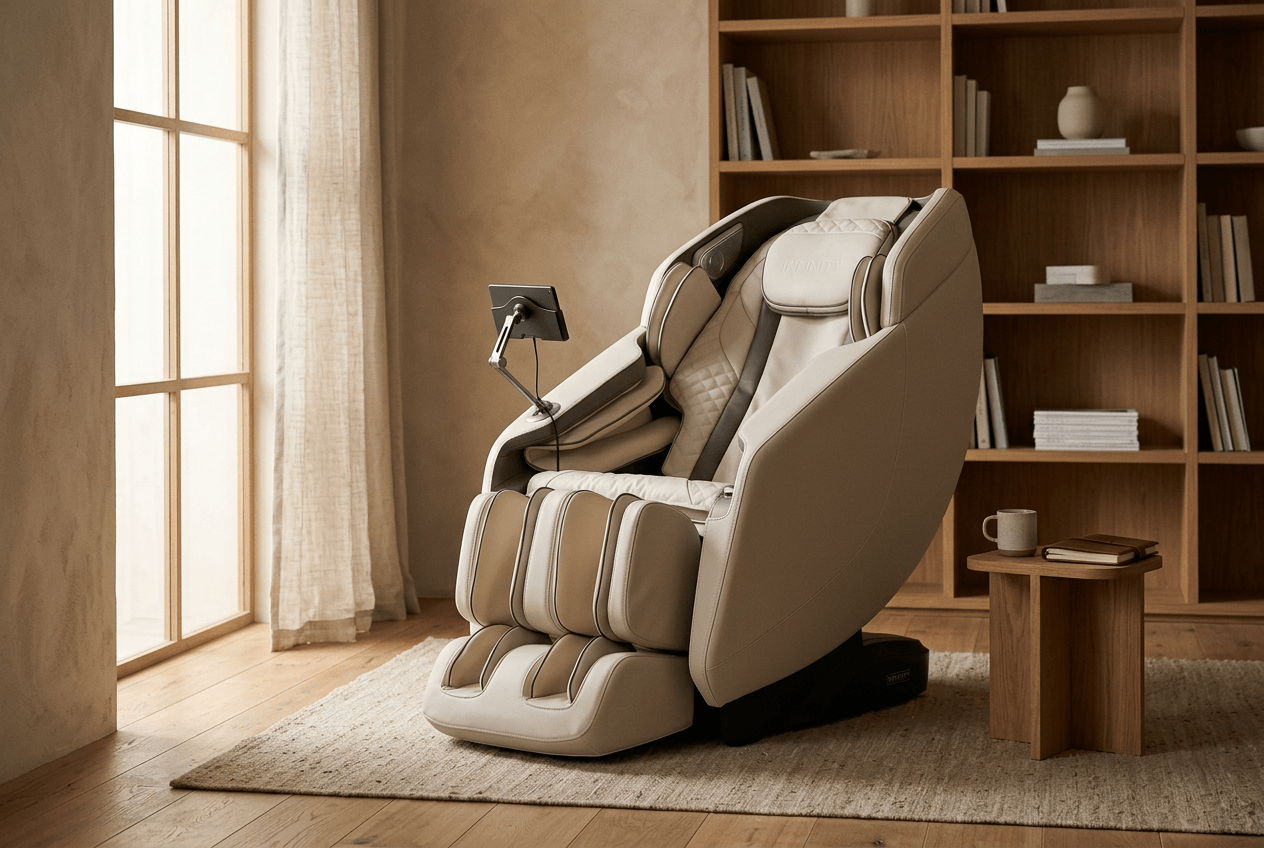 A massage chair in a calm, sunlit study