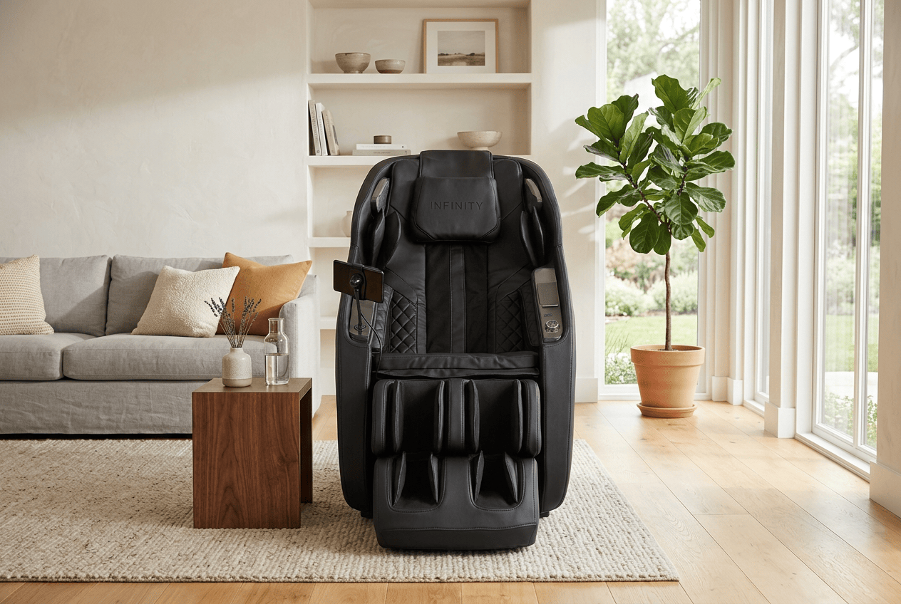 A massage chair in a calm, welcoming living room